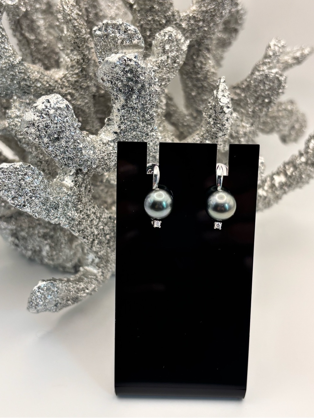 Black Tahitian Pearl and Diamond Dangle Earrings 14K White Gold
